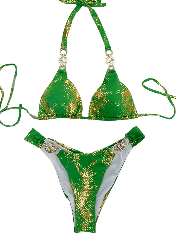 Snake Print Faux Leather Bikini Set