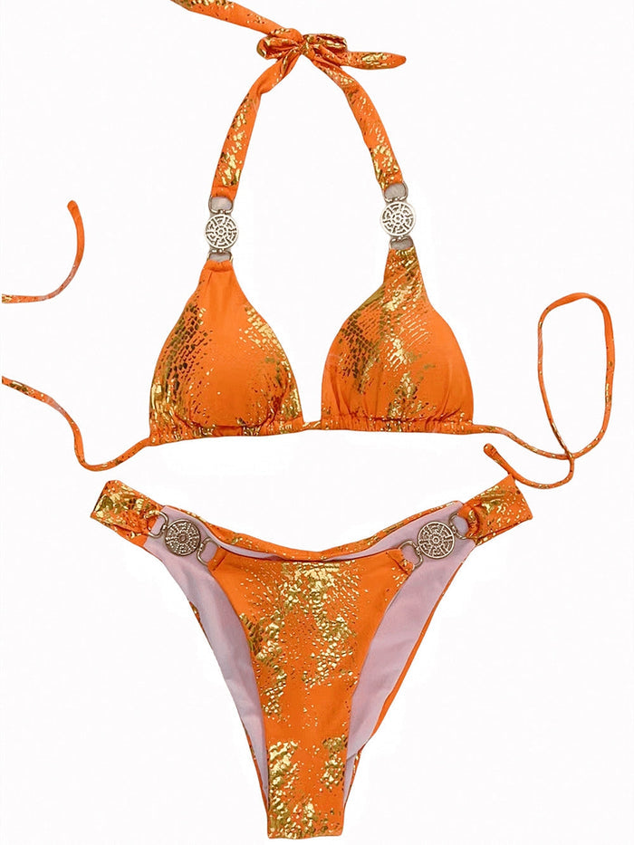 Snake Print Faux Leather Bikini Set