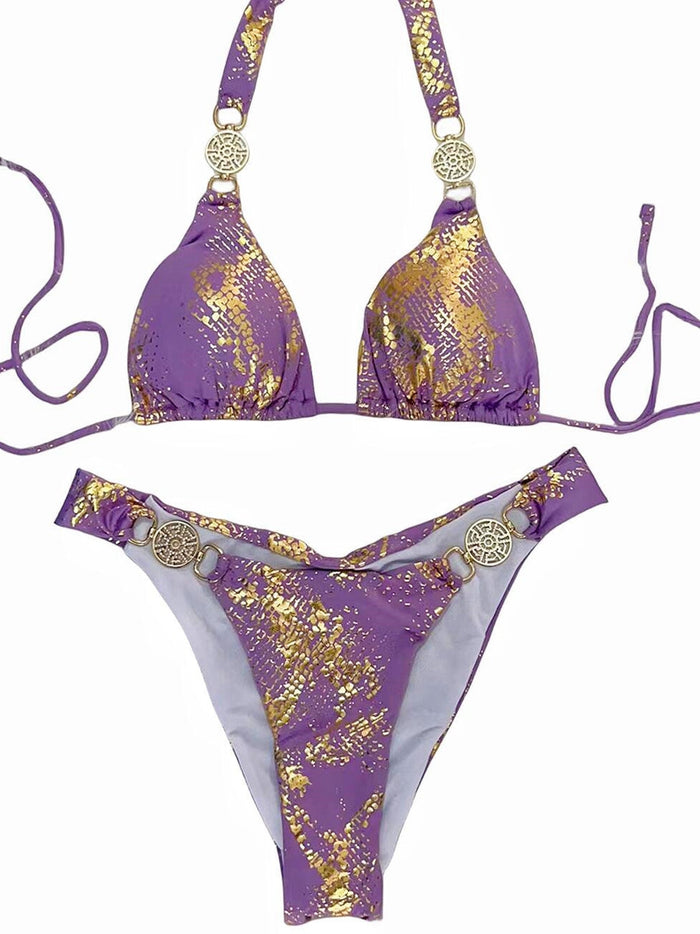 Snake Print Faux Leather Bikini Set