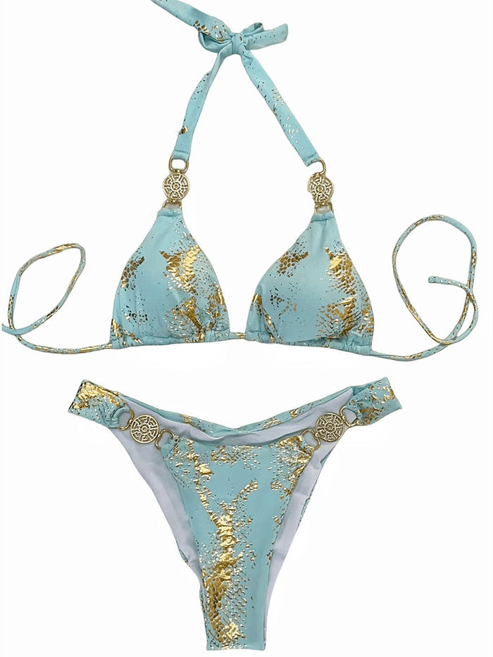 Snake Print Faux Leather Bikini Set