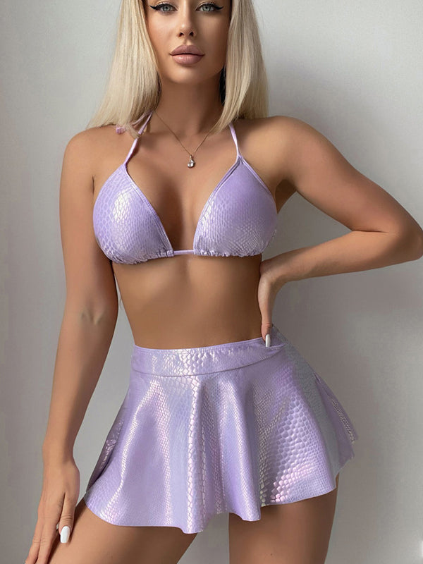 Solid Color Snake Print Backless Bikini Set