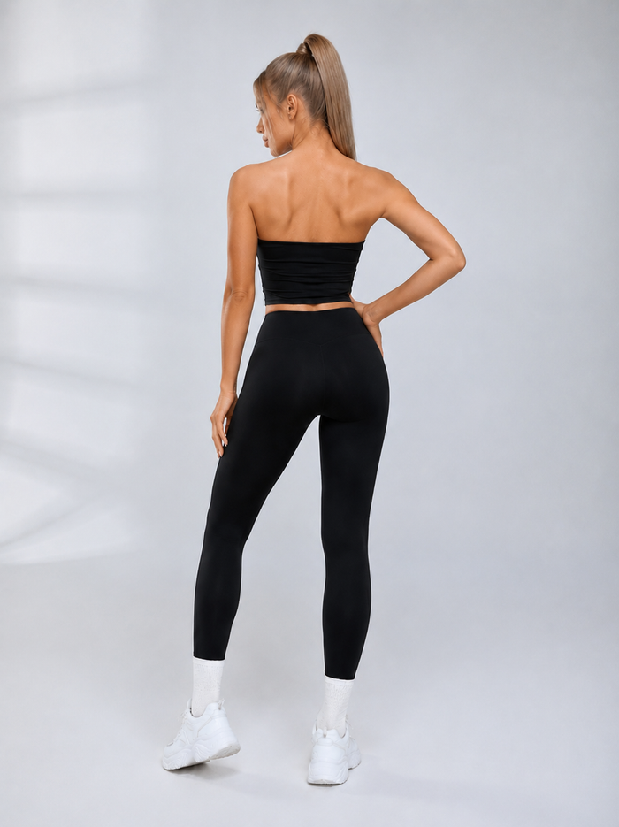 Solid Tube Top With Front Buckle High Rise Hip Lifting Yoga Tracksuit