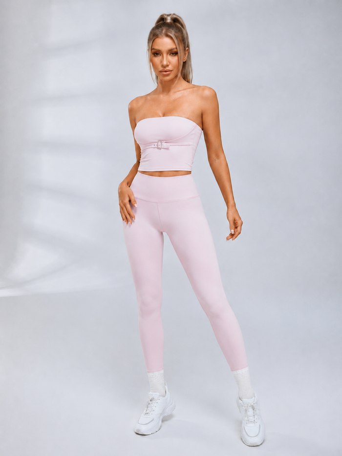 Solid Tube Top With Front Buckle High Rise Hip Lifting Yoga Tracksuit