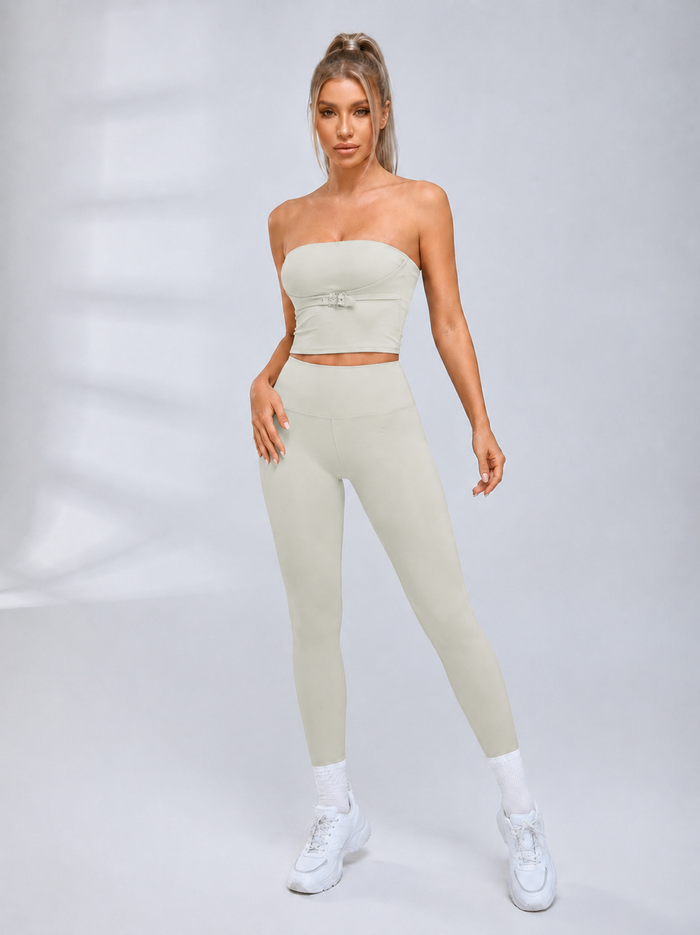 Solid Tube Top With Front Buckle High Rise Hip Lifting Yoga Tracksuit