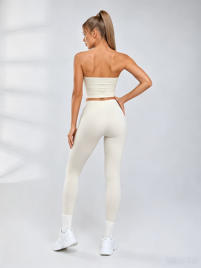 Solid Tube Top With Front Buckle High Rise Hip Lifting Yoga Tracksuit