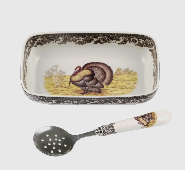 Spode Woodland Cranberry Dish with Slotted Spoon-Turkey