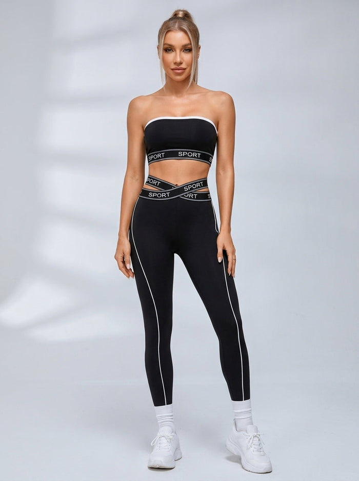 Sport Letter Bandeau Crisscross Waist Leggings Set