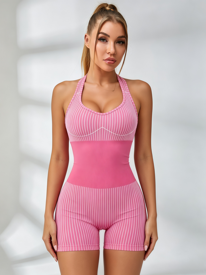 Striped Halter Twisted‑Back Cut‑Out Compression Romper