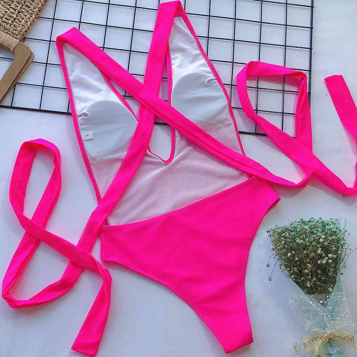 Stylish Halter Neck Deep V Tied One-Piece Swimsuit