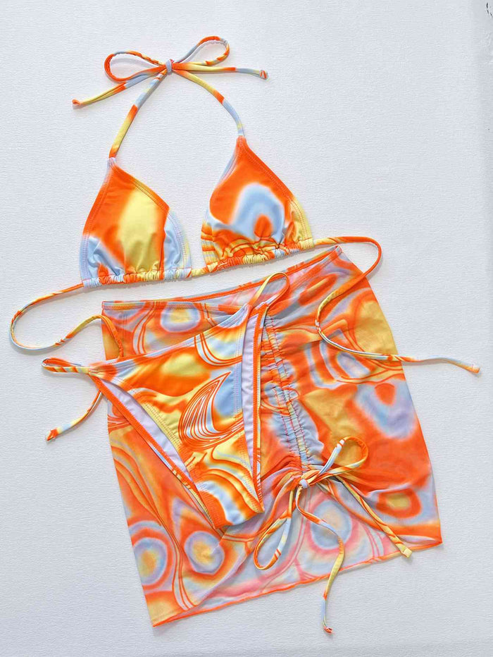 Stylish Multicolored Drawstring Ruched Three-Piece Swim Set