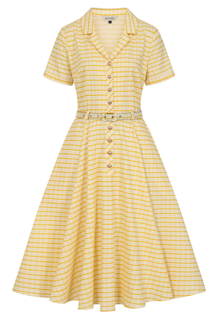 Swingkleid Bella Anchor Ahead 50's , Gelb-Ivory,  Plus Size