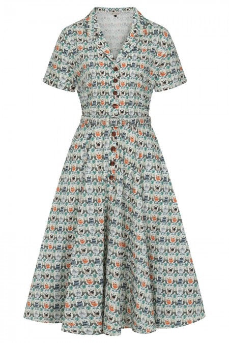 Swingkleid Bella Purrfect mit Katzenmotiv, Weiß-Bunt