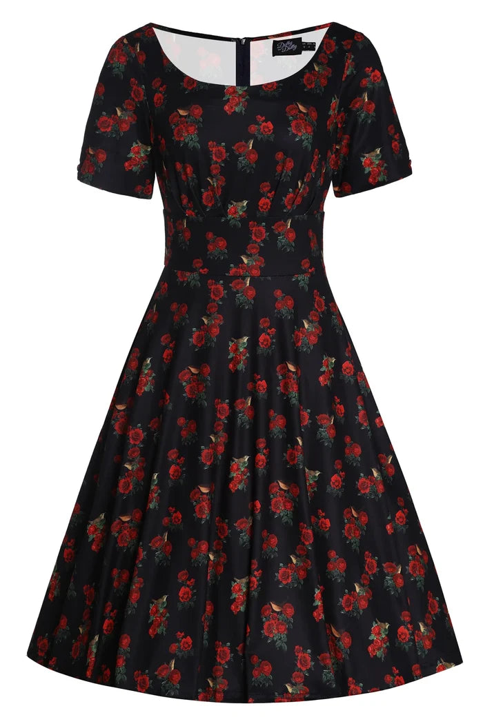 Swingkleid Brenda Bird and Rose, Schwarz-Rot