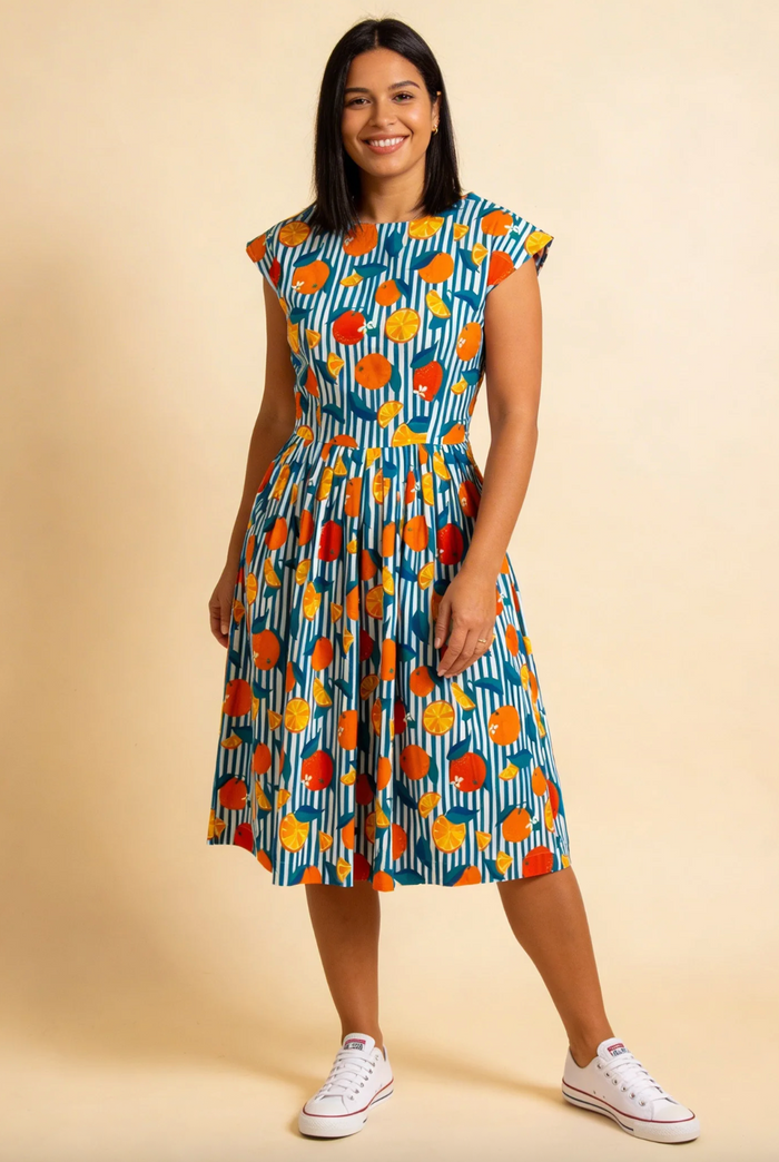 Swingkleid Gina mit  Orangenmotiv-Gestreift, Plus Size