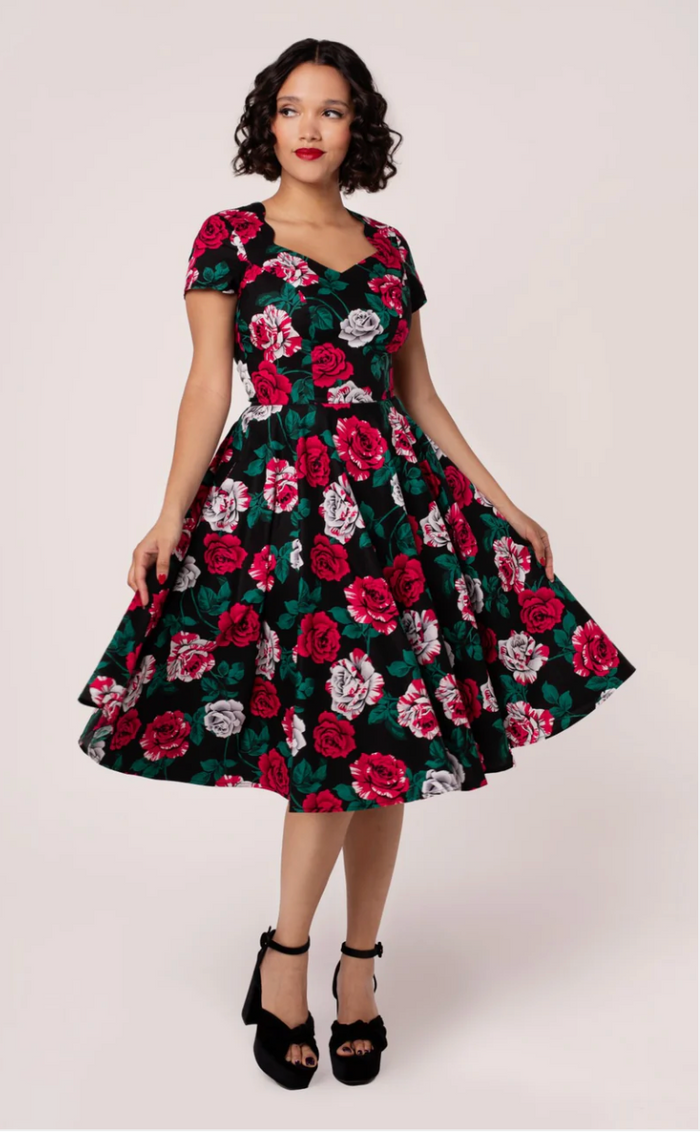 Swingkleid Paint me Roses 50's, Schwarz-Rot