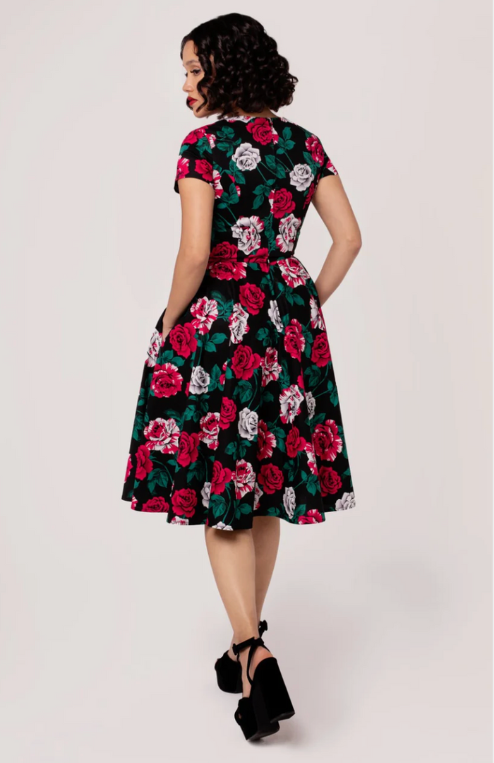 Swingkleid Paint me Roses 50's, Schwarz-Rot