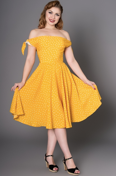 Swingkleid Taylor Off‑Shoulder, Gelb-Polka