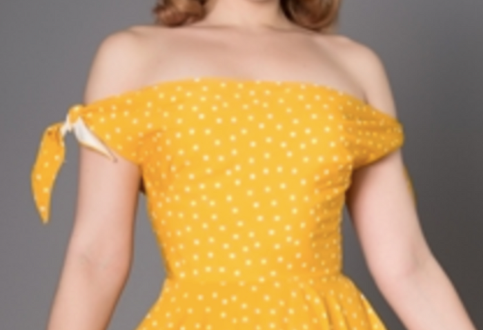 Swingkleid Taylor Off‑Shoulder, Gelb-Polka