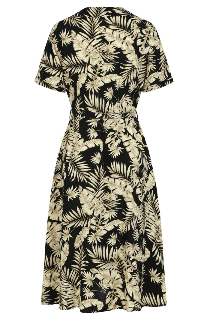Swingkleid Yvette 40's mit Palmenblättermotiv, Creme-Schwarz, Plus Size