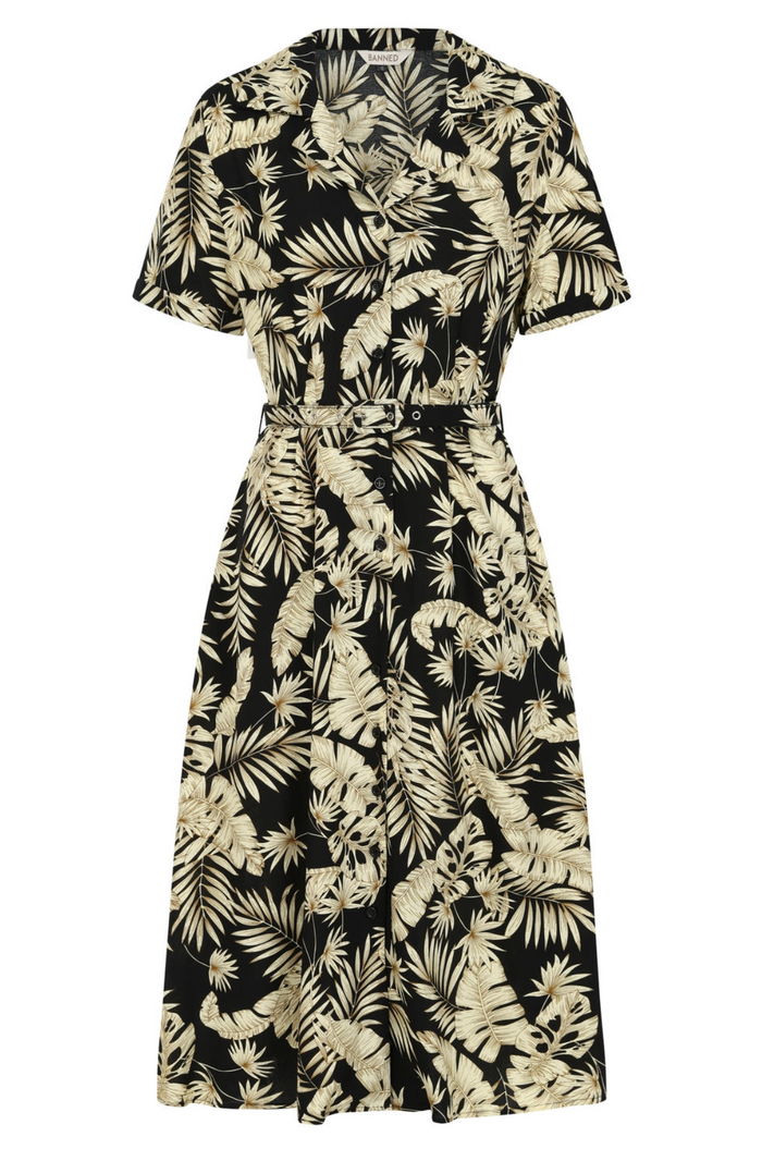 Swingkleid Yvette 40's mit Palmenblättermotiv, Creme-Schwarz