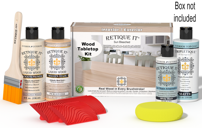 Retique It® Sun Bleached Wood Tabletop Kit with Bleached Wood primer, Pickled Oak stain, White Wash gel stain alternative, Tripletique® Matte Top Coat, brush, red graining tool, yellow sponge, and product box.