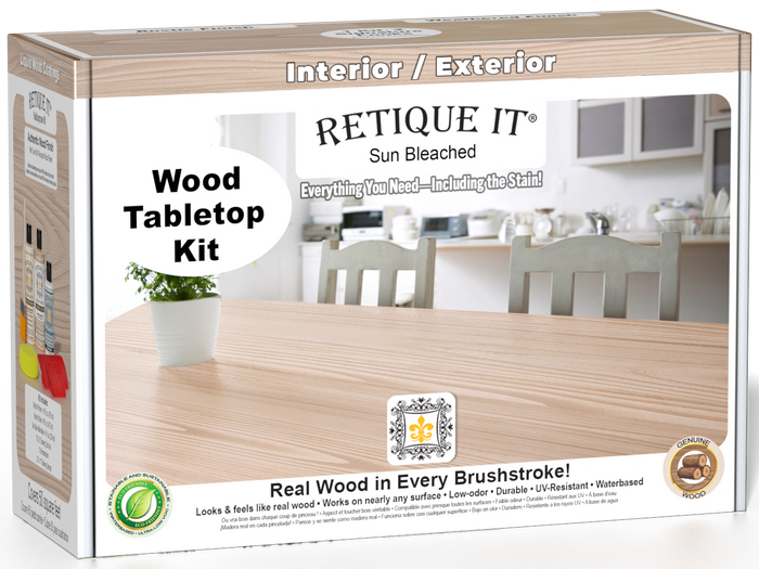 Retique It® Sun Bleached Wood Tabletop Kit box featuring a Sun Bleached wood finish and complete refinishing kit for interior and exterior surfaces.