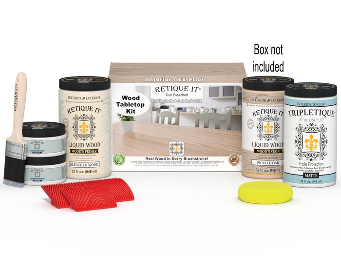 Retique It Wood'n Finish Kit for tabletops, Sun Bleached color, includes four large finish bottles and application tools.