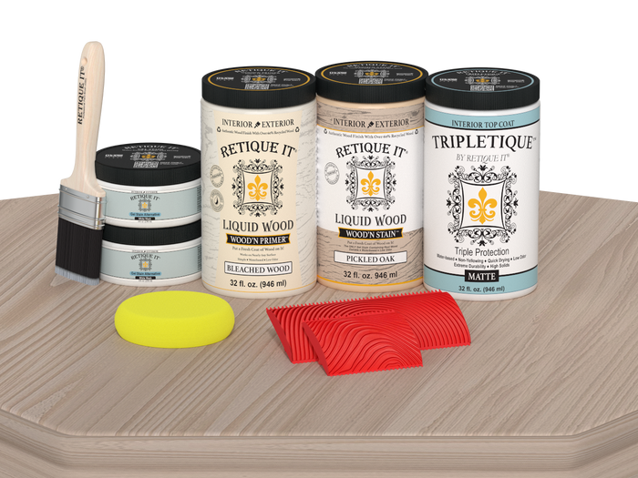 Retique It Wood'n Finish Kit (4x Large) in Sun Bleached for tabletops, includes matte finish wood staining and finishing supplies.