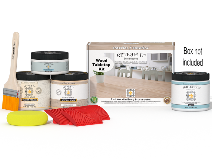 Retique It Wood'n Finish Kit Double Size in Sun Bleached for tabletops, showing the kit with brushes and finishing products.