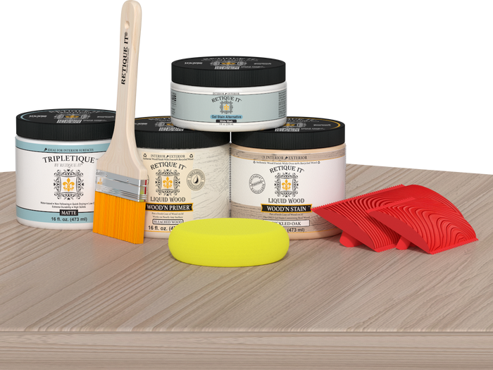Retique It Wood'n Finish Kit Double Size in Sun Bleached for tabletop wood finishing, includes wood stain and protective finish.