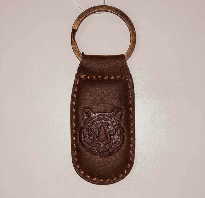 The Royal Standard Tiger Leather Embossed Keychain-Dark Brown