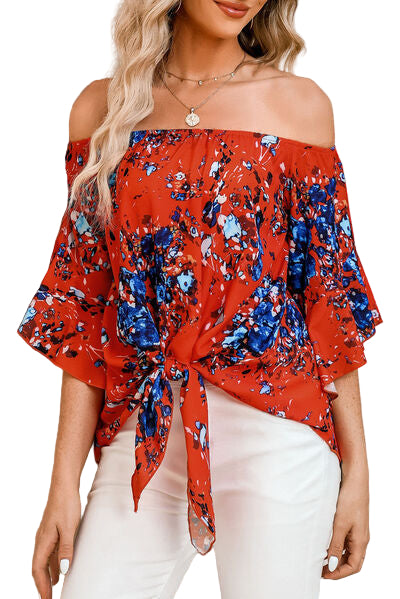 Tied Printed Off-Shoulder Half Sleeve Blouse