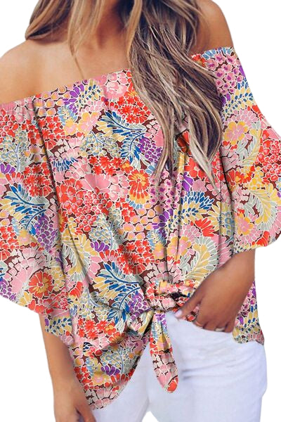 Tied Printed Off-Shoulder Half Sleeve Blouse