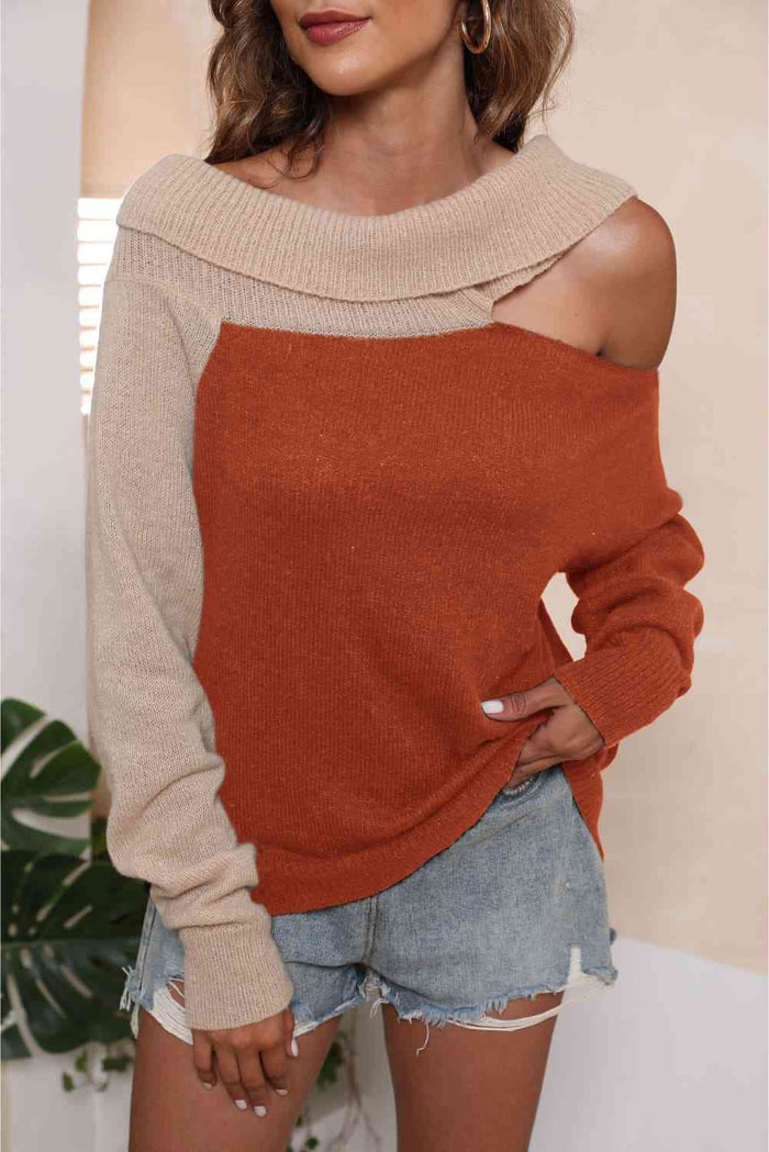 Trendy Asymmetrical Two-Tone Cutout Sweater for Casual Style