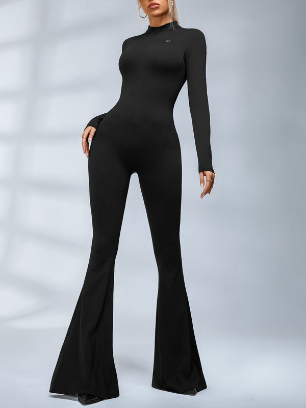 Trendy Zipper Flare Body-fit Jumpsuit
