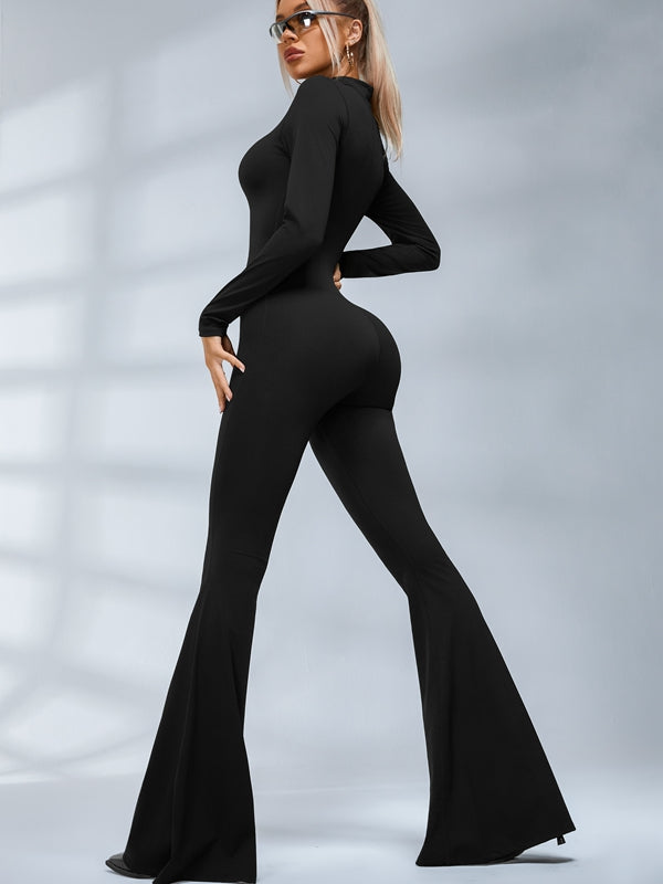 Trendy Zipper Flare Body-fit Jumpsuit