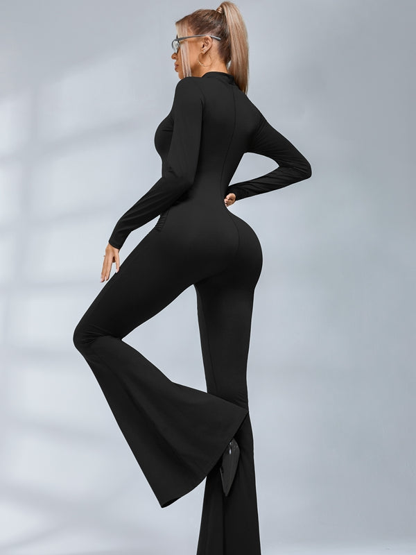 Trendy Zipper Flare Body-fit Jumpsuit