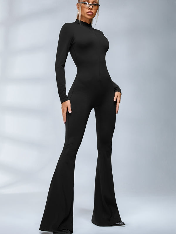 Trendy Zipper Flare Body-fit Jumpsuit