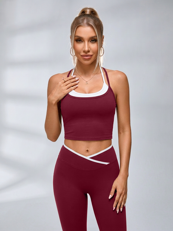 Two Tone Layer Cross Back V Waist Yoga Workout Tracksuit