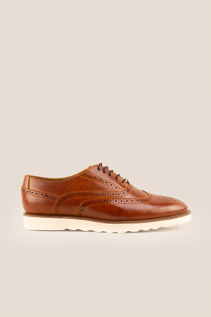 Tyler II tan Oxford brogue leather shoes for men featuring detailed perforation, premium leather, and a classic formal silhouette.