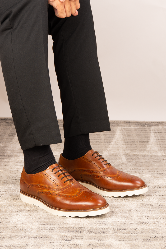 Tyler II tan Oxford brogue leather shoes for men featuring detailed perforation, premium leather, and a classic formal silhouette.