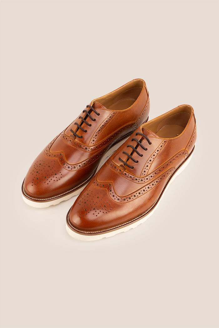 Tyler II tan Oxford brogue leather shoes for men featuring detailed perforation, premium leather, and a classic formal silhouette.