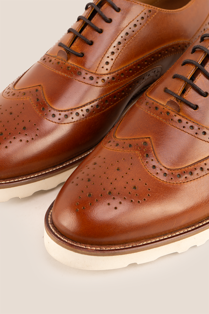 Tyler II tan Oxford brogue leather shoes for men featuring detailed perforation, premium leather, and a classic formal silhouette.