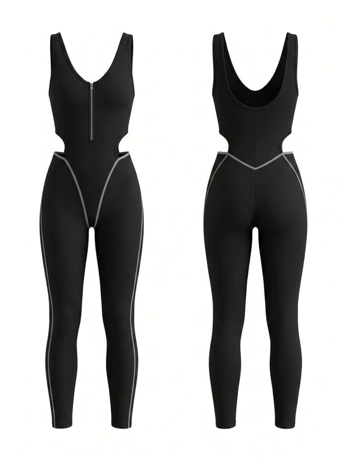 U-Back Hollow Out Waist Bodycon Fitness Jumpsuit