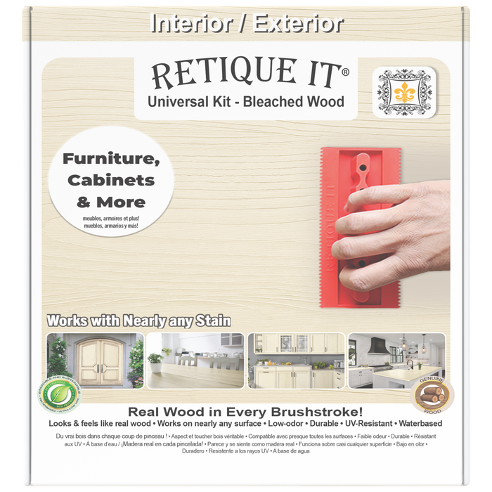 Retique It Universal Liquid Wood Kit in bleached wood finish, showing the front of the box with application tools and product details.