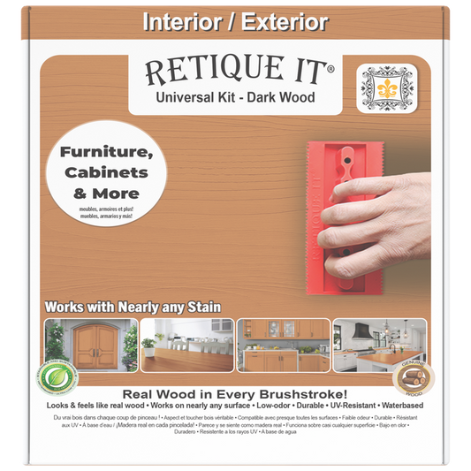 Universal Liquid Wood Kit in dark wood color by Retique It, shown in a box with application tools and sample swatches.