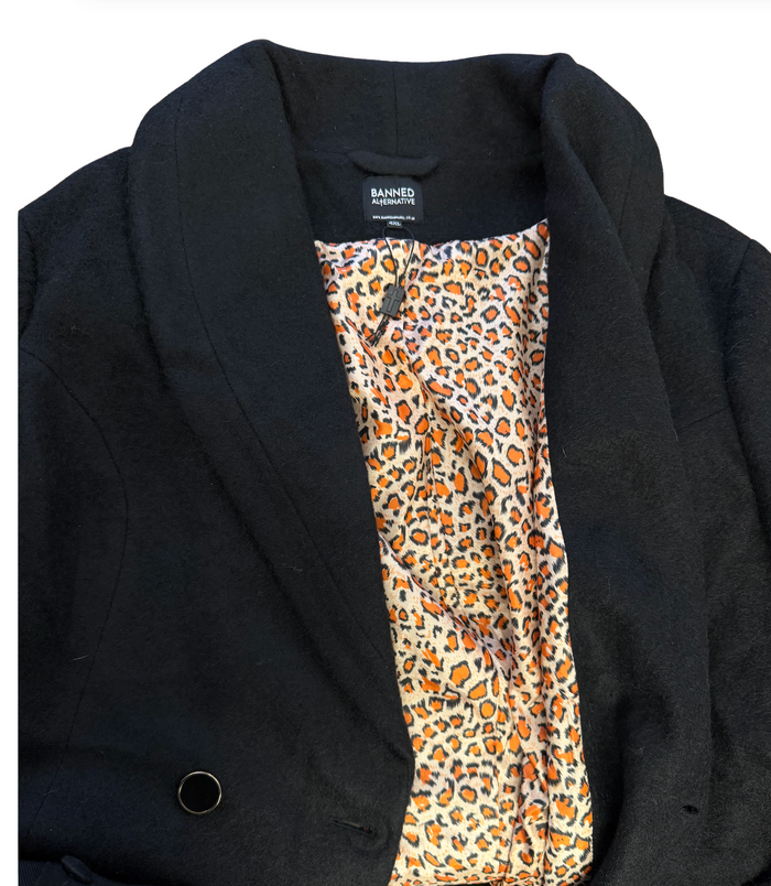 Vintage Mantel Leopard Lady mit 30% Wolle, Innenfutter in Leo, Schwarz