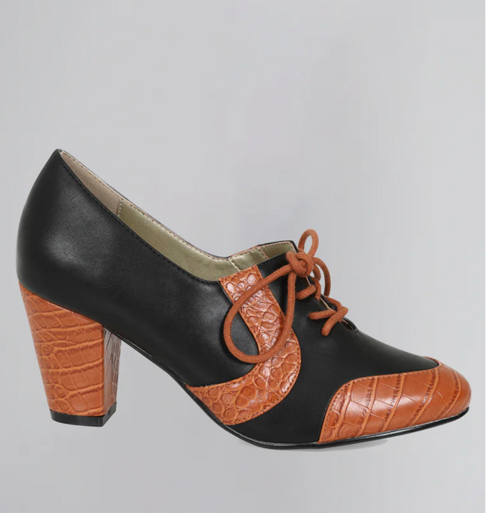 Vintage Schnürpumps Agnes 40's mit  Krokodilprägung Schwarz-Cognac