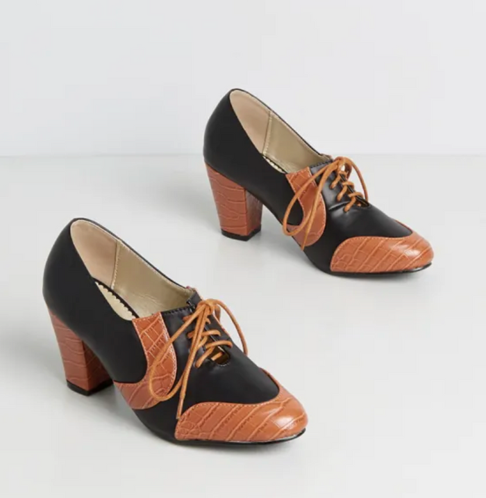 Vintage Schnürpumps Agnes 40's mit  Krokodilprägung Schwarz-Cognac