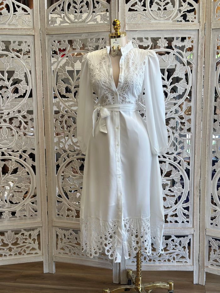 White Eyelet Button Maxi Dress-Estira, Stretchy